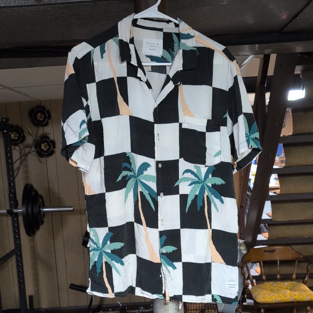 Duvin Black and White Checkered Shirt with Palm Tree Print